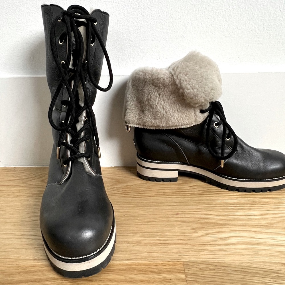 100% Auth JIMMY CHOO Sherling Lined Blk Leather Lace-Up Foldable Boots 9.5 $1495